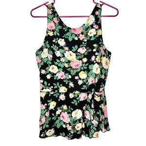 Tea n Rose Black and Floral Rose Print Sleeveless Peplum Tank Top